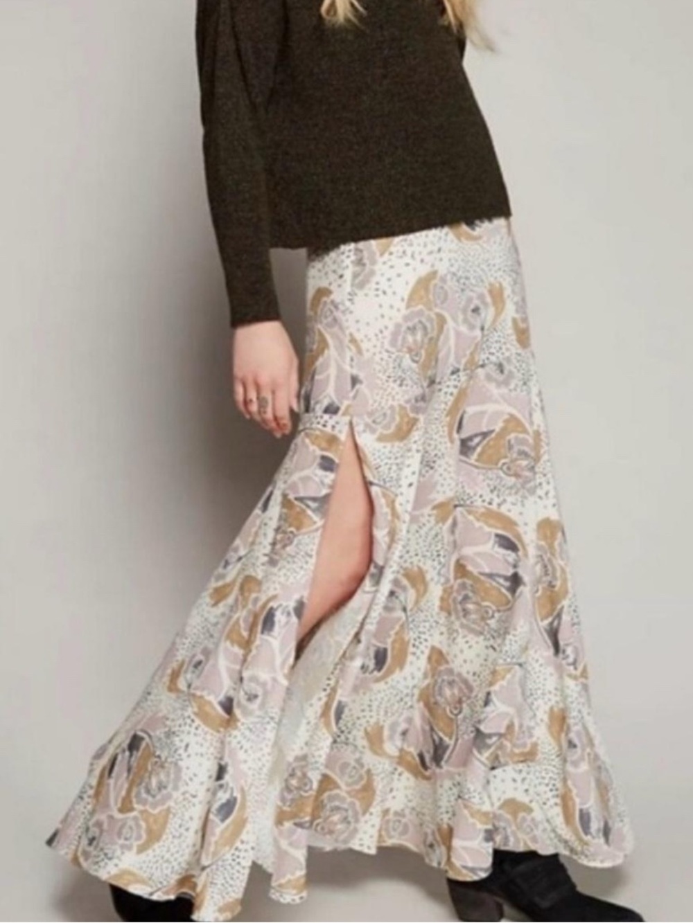 Free People Beige and Pink Floral Maxi Skirt with Side Slit